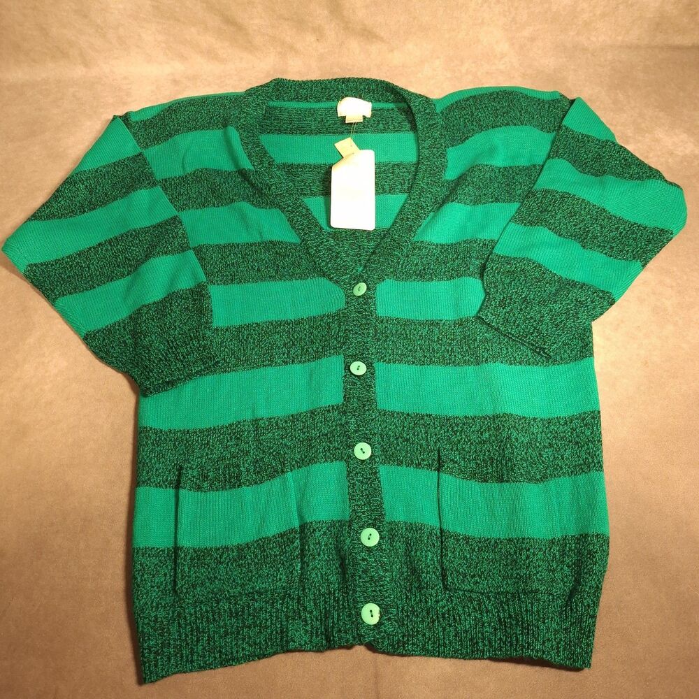 Mister Noah Plus - Women's Green Striped Cardigan Size 38/18W - Shoulder Pads